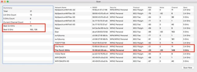  The panel on the right shows all the wifi networks in our neighborhood, the wireless protocol they're using, the band (2.4 or 5 GHz) and, most important, their channels. The summary in the left panel recommends the best channels that&nbsp; take advantage of less-populated bands. 